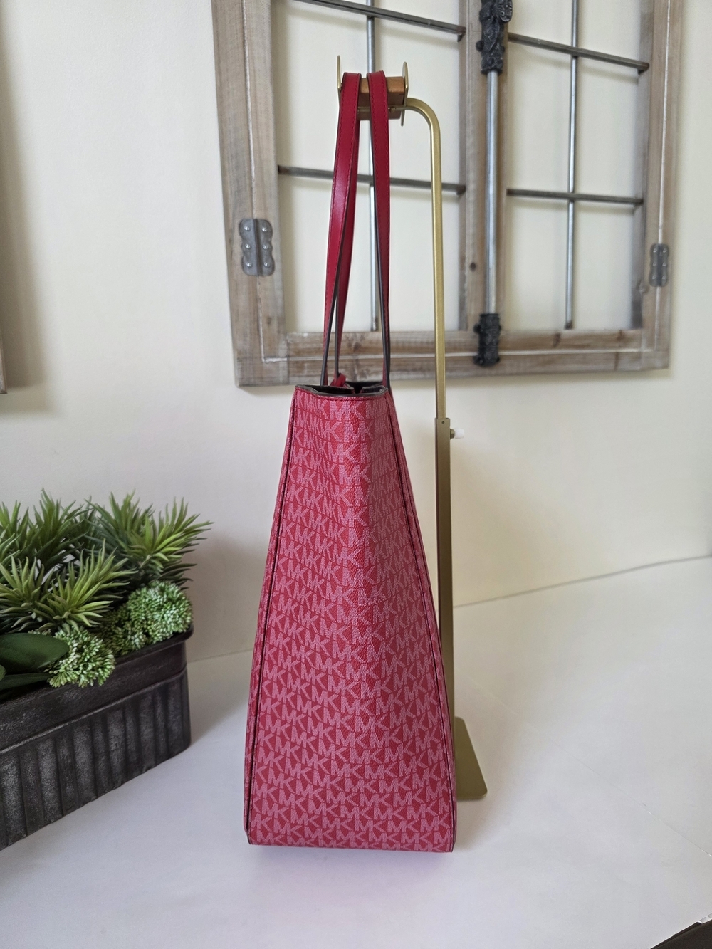 Michael Kors Sinclair Large Pleated Shopper Tote Crimson Red Signature Logo - Picture 6 of 10